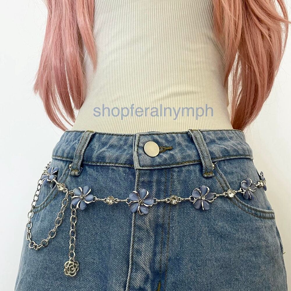 Silver Y2K Fairycore Blue Flower Chain Belt, Fits 22-42 Inches, X7GA1530